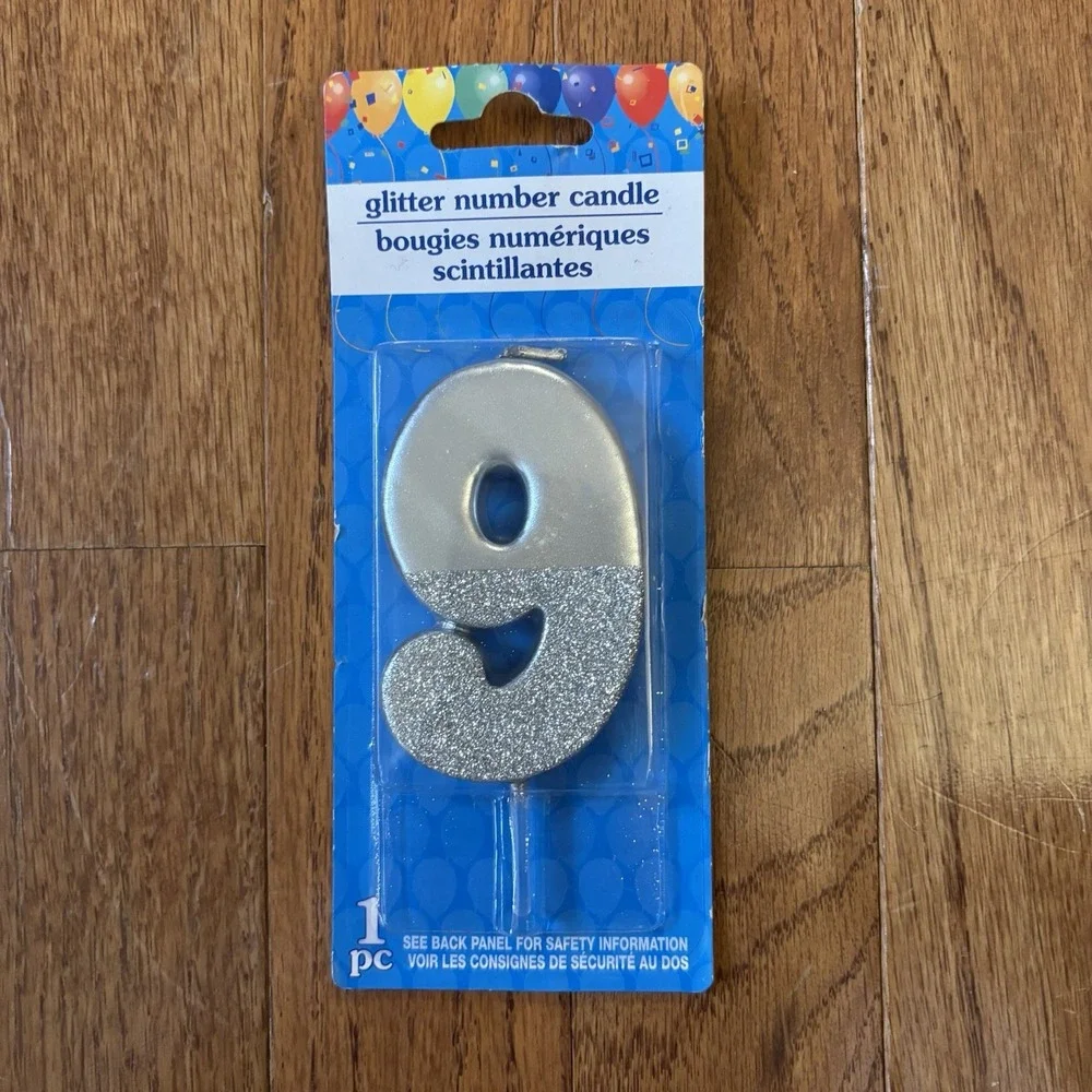 Silver Glitter Two Tone Number 9 Nine Candle NEW Birthday Cake Party Boy Girl